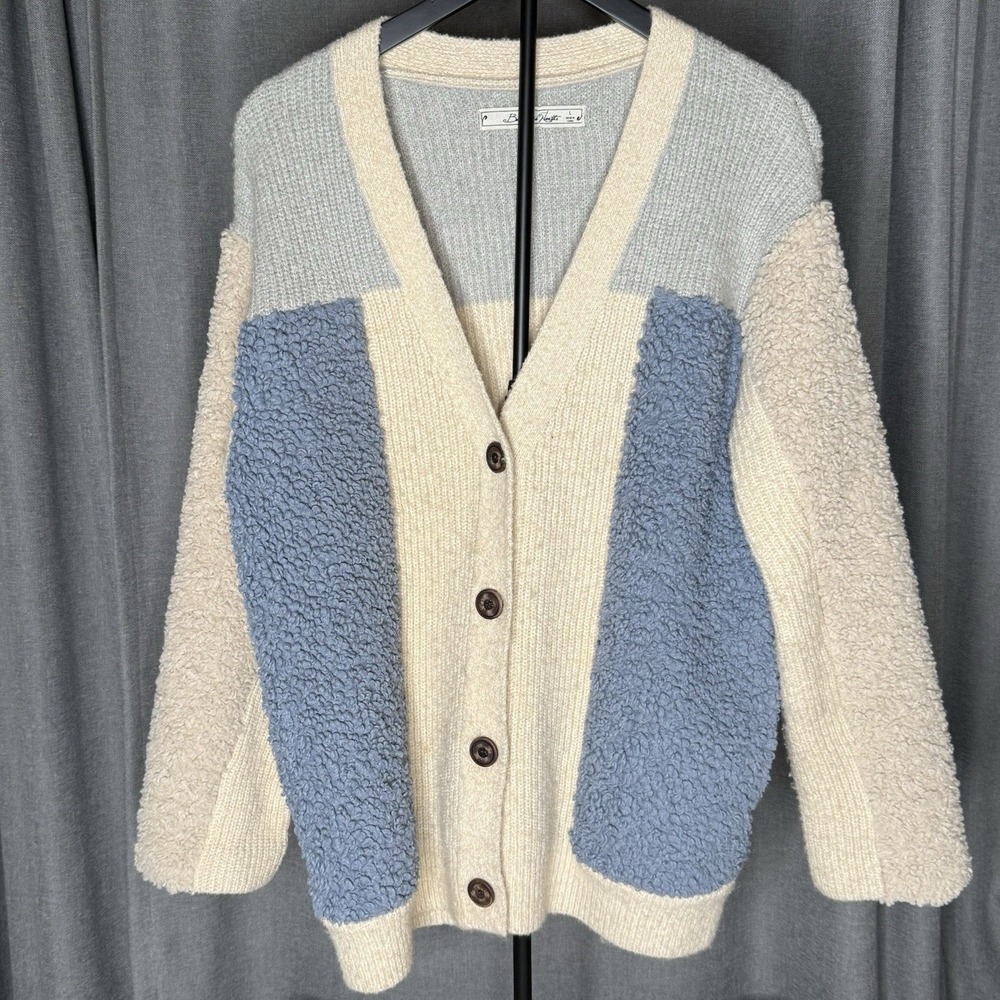 Blue Notes Womens Colorblock Sherpa Mixed Knit‎ V-Neck Cardigan Blue Cream Large